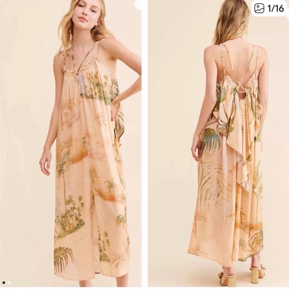Anthropologie Cream and Green Maxi Dress